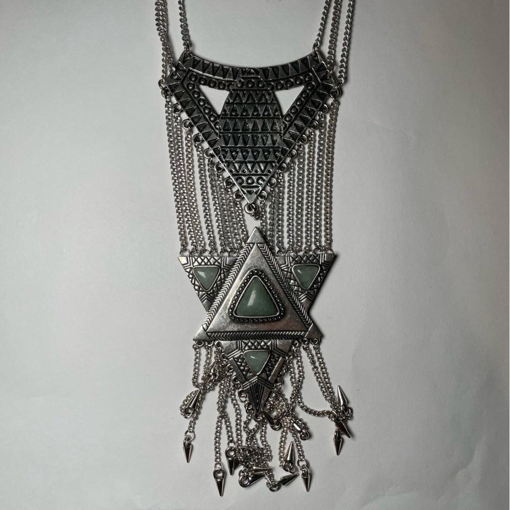 Silver and Green Layered Pyramid Necklace